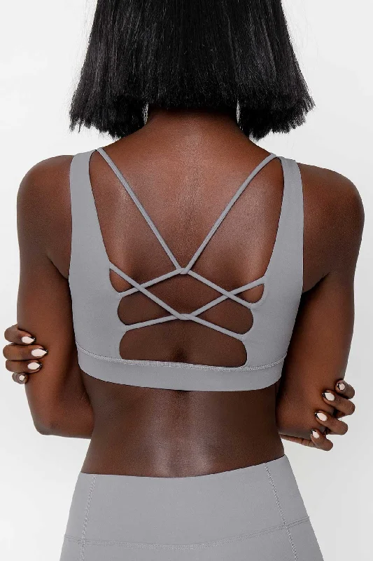 3 for $49! Silver Grey Kelly Strappy Open-Back Padded Sports Bra - Women Chic Lace Bra