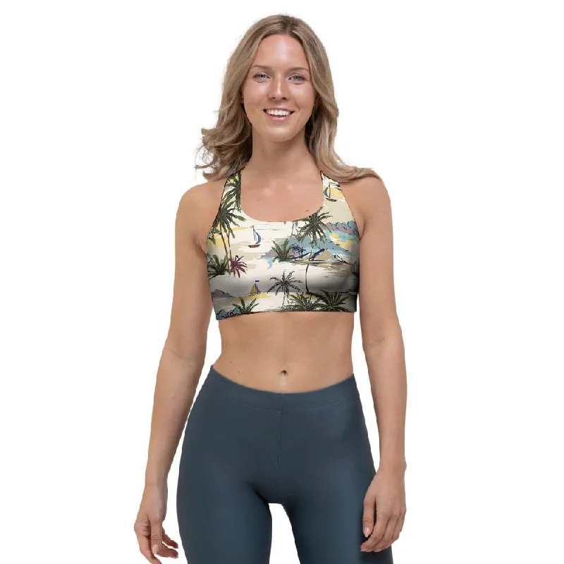 Tropical Palm Lead Island Print Sports Bra Stretchy Wireless Bra