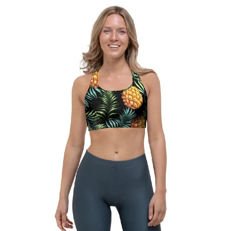 Tropical Palm Leaf Pineapple Print Sports Bra High-Cut Bra Design