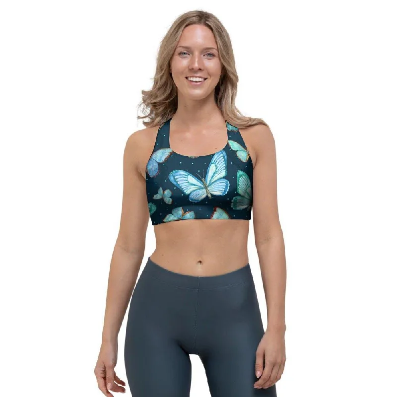 Turquoise Butterfly Print Sports Bra Smooth Push-Up Bra