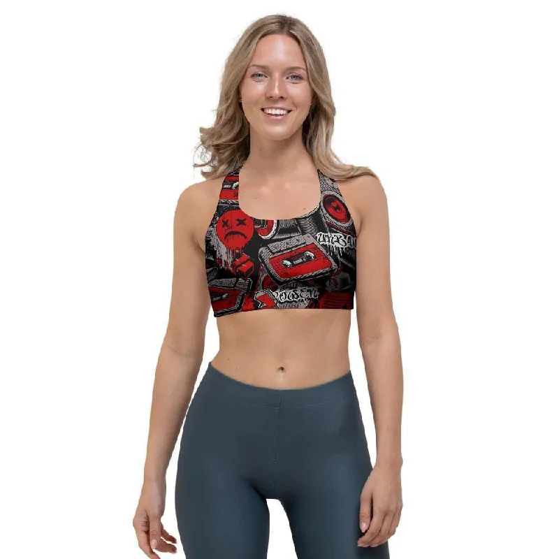 Urban Graffiti HipHop Print Sports Bra Chic Satin Bra