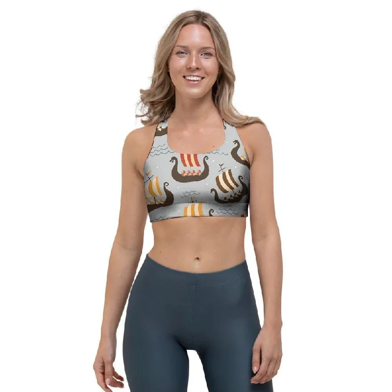 Viking Drakkar Ship Sports Bra Stretchy Full Coverage