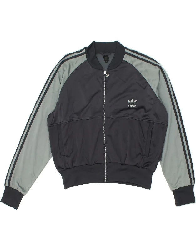 ADIDAS Womens Crop Tracksuit Top Jacket UK 18 XL Grey Colourblock Nylon Embroidered Jacket Appliqued Jacket Beaded Jacket