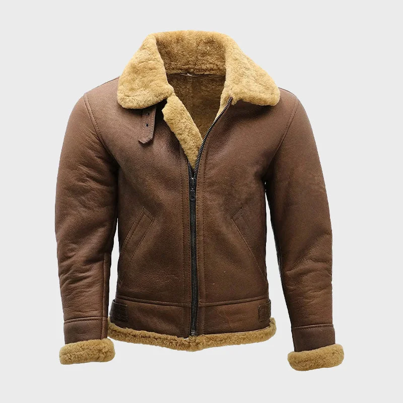 Men's Brown B3 Shearling Sheepskin WW2 Bomber Leather Flying Aviator Jacket Front Pockets Side Pockets Patch Pockets