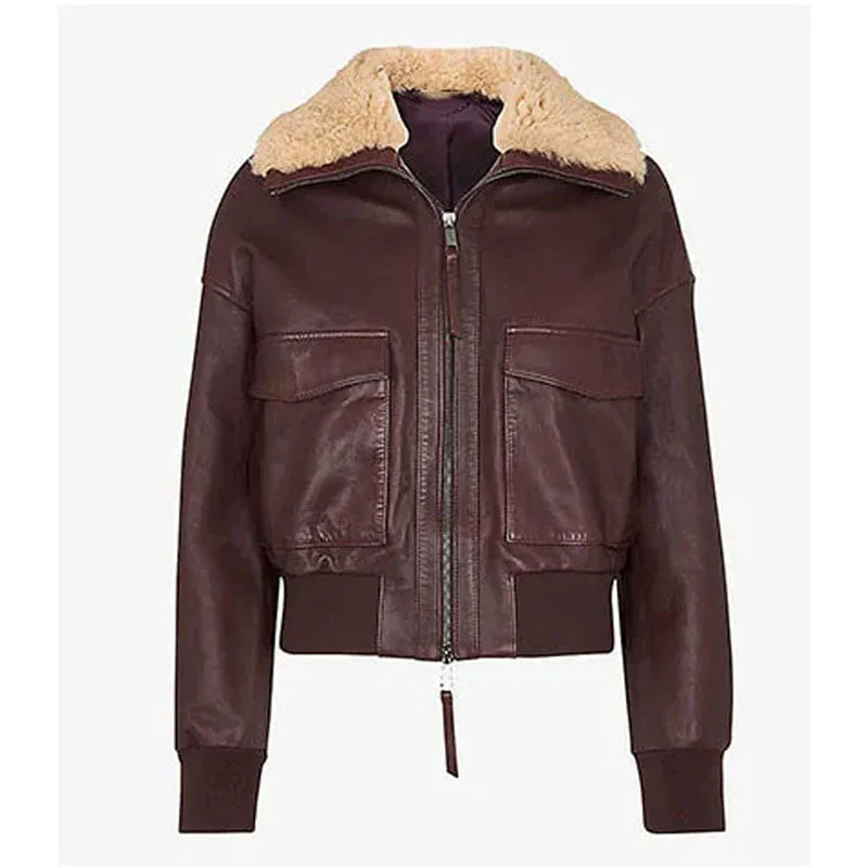 Best Style Burgundy Aviator Shearling Collar Jacket Chenille Jacket Brocade Jacket Lace Jacket