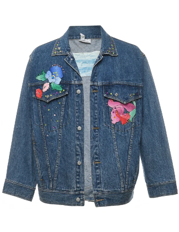 Floral Pattern Embellished Denim Jacket - L Mesh Jacket Canvas Jacket Denim Jacket