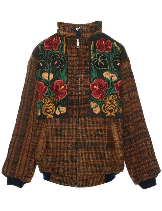 Floral Pattern Multi-Colour Embroidered Jacket - L Denim Fabric Leather Fabric Suede Fabric