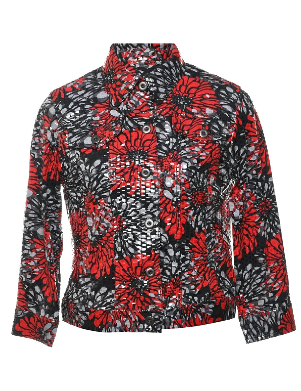 Floral Pattern Red & Black Sparkly Evening Jacket - S Herringbone Jacket Checkered Jacket Solid Jacket