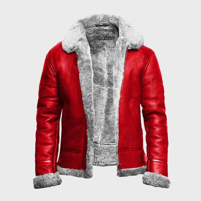 Holiday Christmas Red A2 Bomber Aviator With Real Fur Collar Genuine Leather Jacket Anorak Shell Jacket Lightweight Jacket