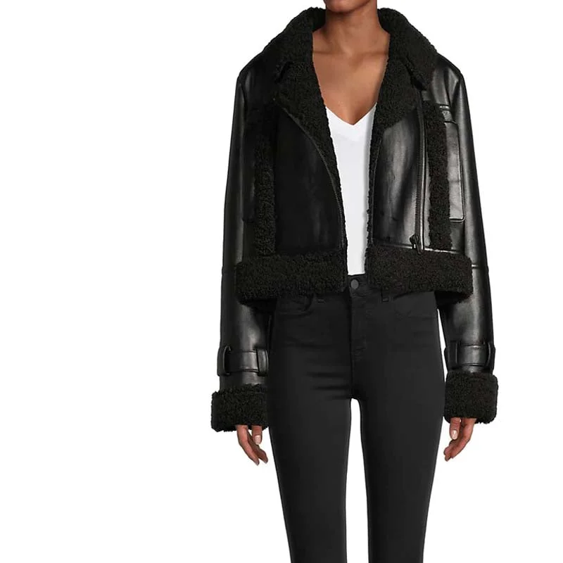 Jay Faux Leather & Faux Shearling Crop Jacket Collared Jacket Crew Neck Jacket Turtle Neck Jacket