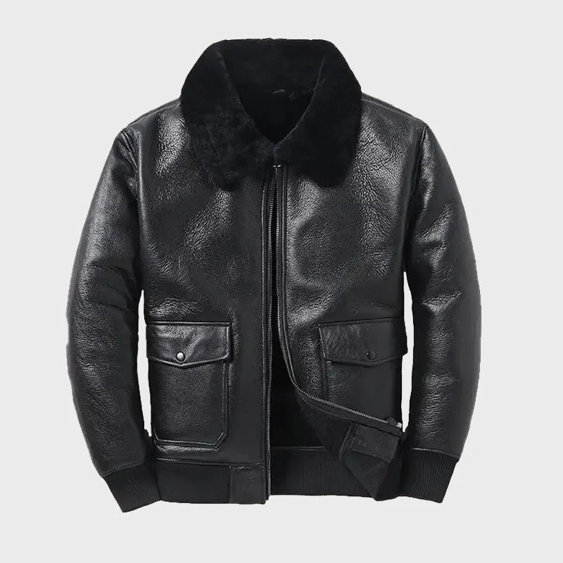 Mens Black Aviator Shearling Sheepskin Bomber Jacket A-Line Jacket Boat Neck Shawl Collar