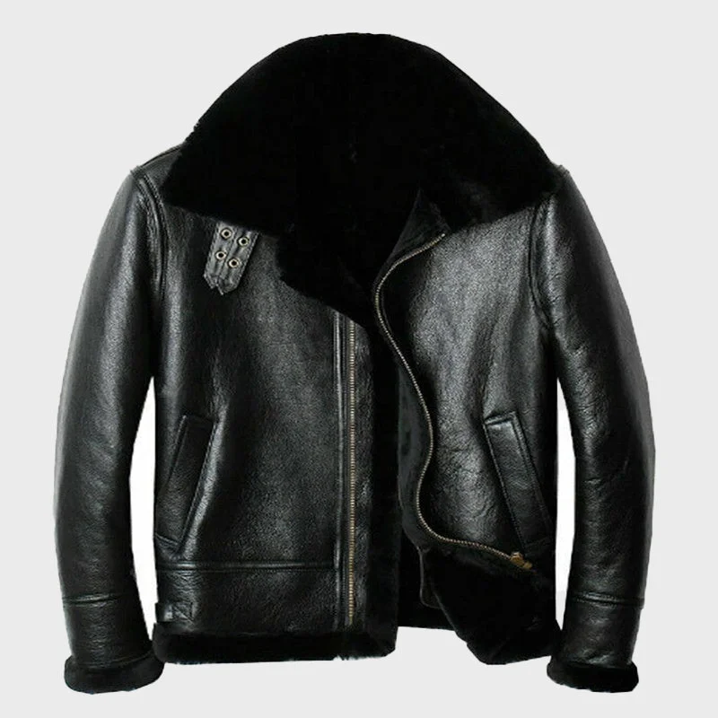 Men's Black B-3 Artificial Fur Bomber Leather Jacket Denim Fabric Leather Fabric Suede Fabric