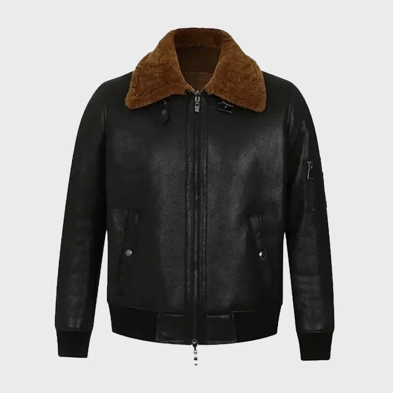 Mens Black Bomber Aviator Shearling Jacket Snapped Jacket Toggled Jacket Drawstring Jacket