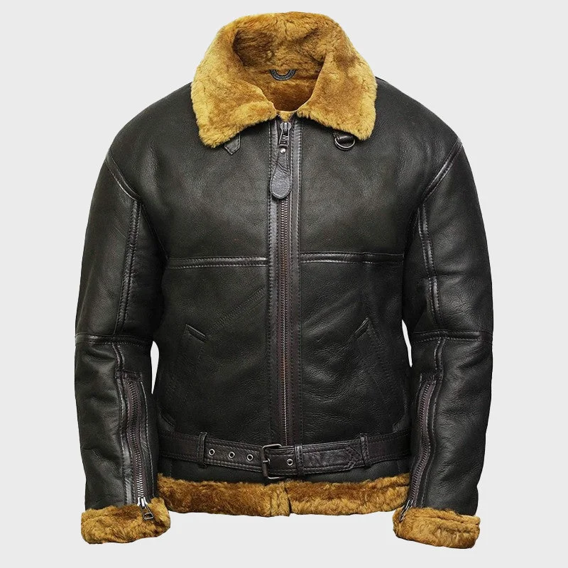 Men's Black Shearling Sheepskin Flying Jacket Herringbone Jacket Checkered Jacket Solid Jacket