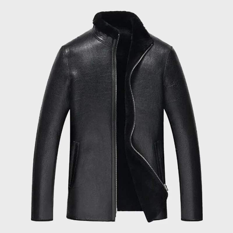 Men's Black Sheepskin Fur Leather Jacket Print Jacket Jacquard Jacket Patchwork Jacket