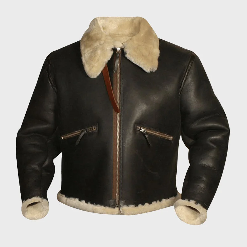 Men's Bomber Jacket Dark Brown Sheepskin Leather Jacket V-Neck Jacket Boat Neck Jacket Square Neck Jacket