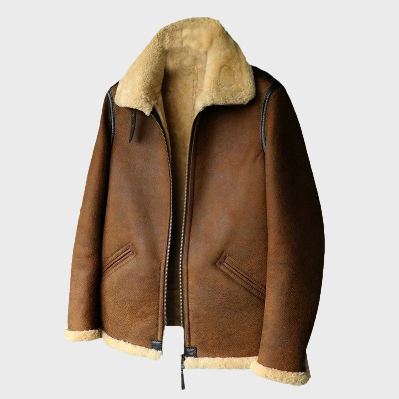 Men's Brown Artificial Fur B-3 Bomber Leather Jacket Knit Fabric Woven Fabric Fleece Fabric