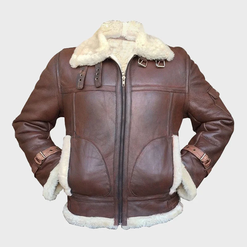 Men's Brown Bomber B-3 Sheepskin Leather Shearling Jacket Corduroy Jacket Velvet Jacket Brocade Jacket