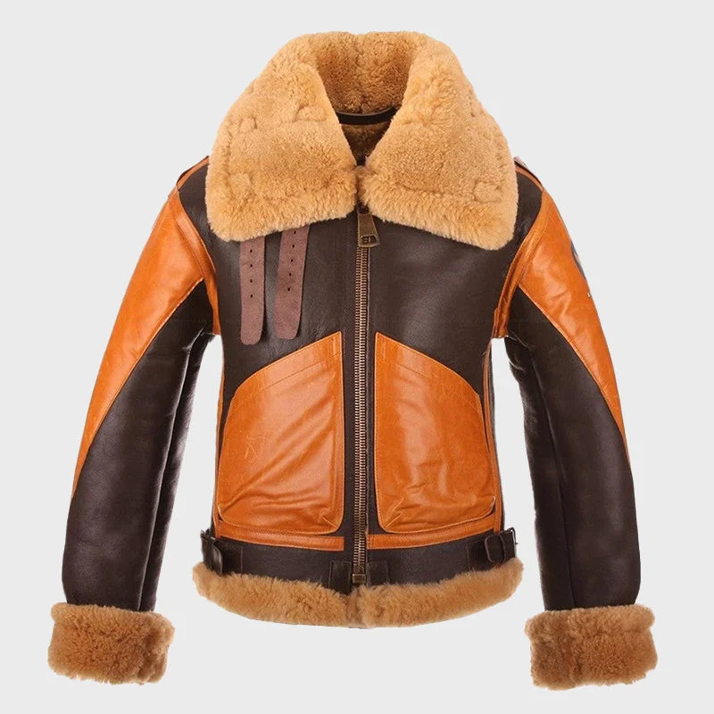 Men's Brown Orange B-3 Shearling Sheepskin Leather Jacket Denim Jacket Leather Jacket Suede Jacket