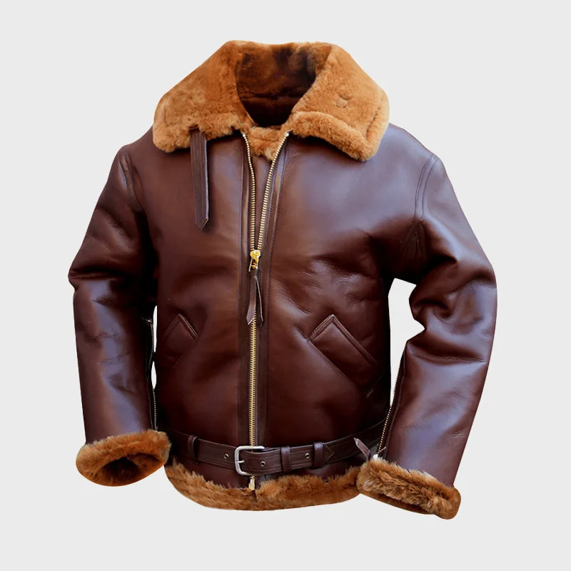 Men's Brown Shearling Bomber Leather Jacket Notch Collar Peter Pan Collar Cowl Neck