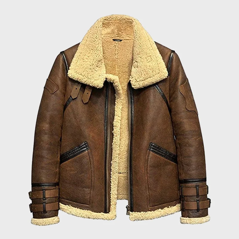 Men's Brown Sheepskin Shearling Leather Flight Jacket Cardigan Sweater Pullover