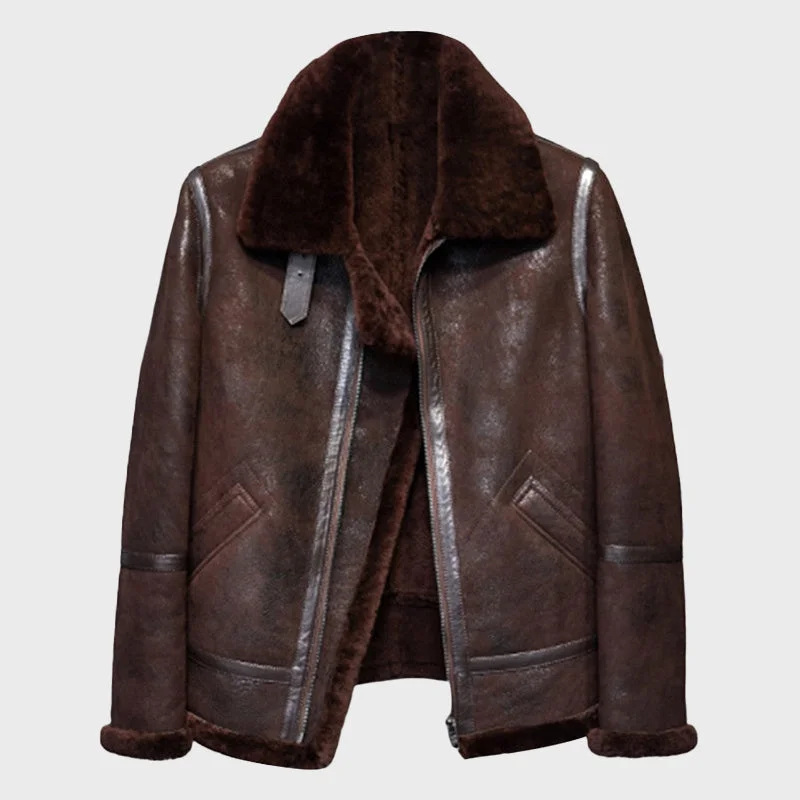 Men's Dark Brown B-3 Sheepskin Leather Flying Jacket Lace Jacket Ribbed Jacket Sequined Jacket