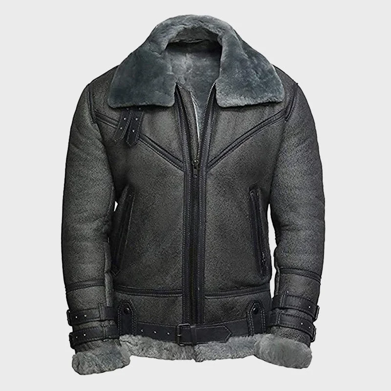 Men's Dark Grey WWII Genuine Sheepskin Leather Jacket Print Jacket Jacquard Jacket Embroidered Jacket