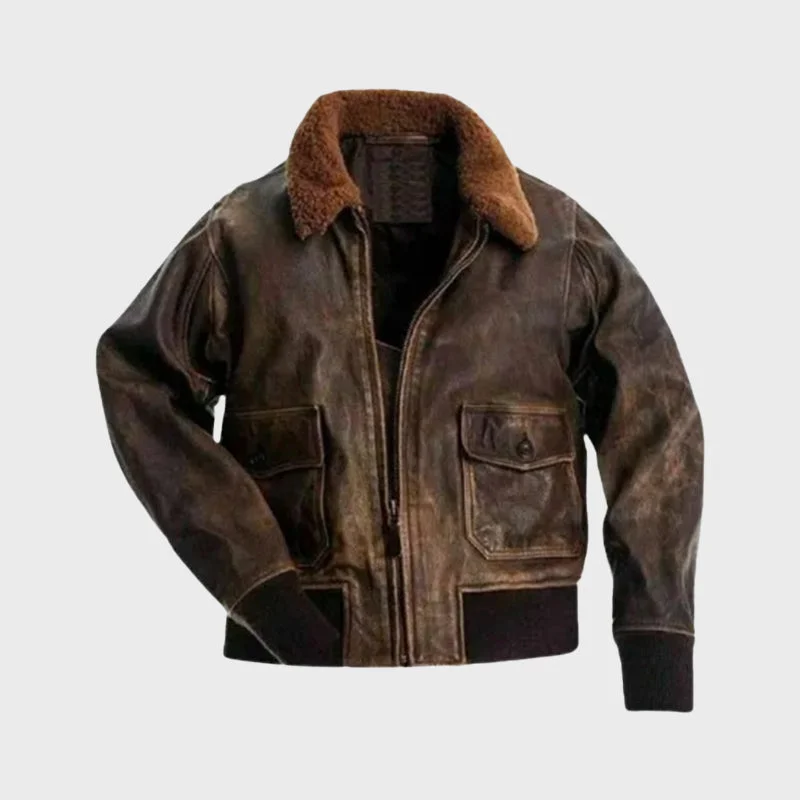 Men's Distressed Brown Flight Bomber Jacket Ribbed Jacket Pleated Jacket Ruffled Jacket