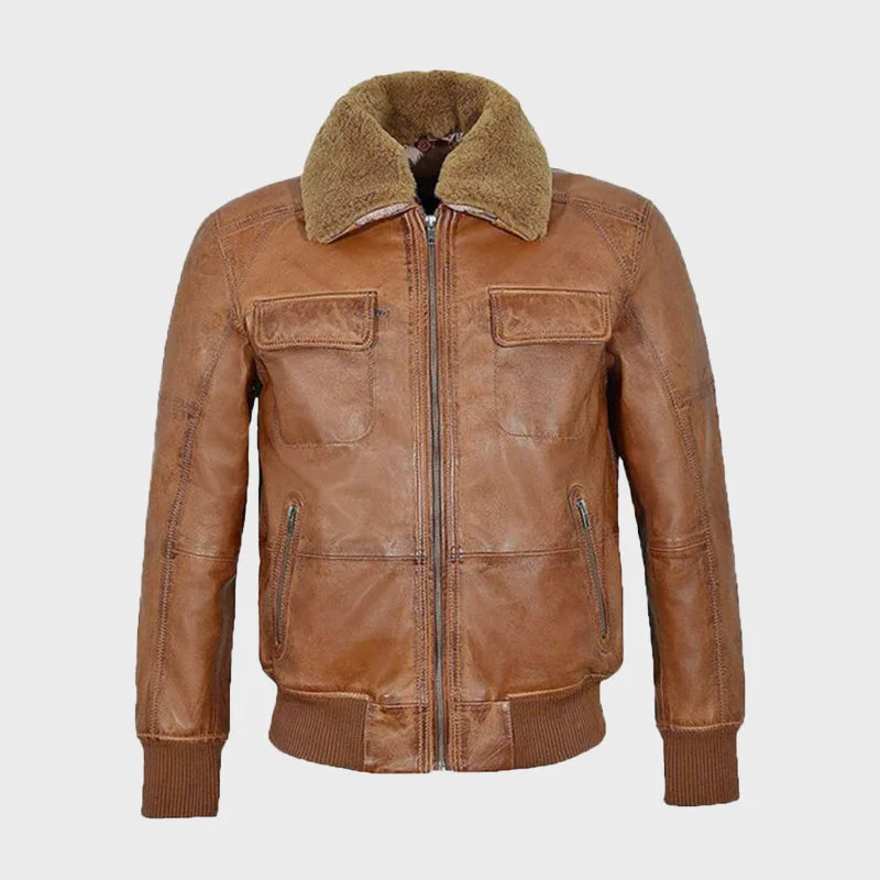 Men's Tan Sheepskin Flying Leather Jacket Hoodie Zip-Up Jacket Button-Up Jacket