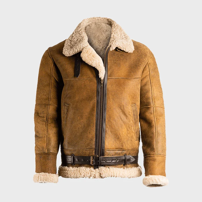 Men's Tan Sheepskin Jacket Toggled Jacket Drawstring Jacket Belted Jacket