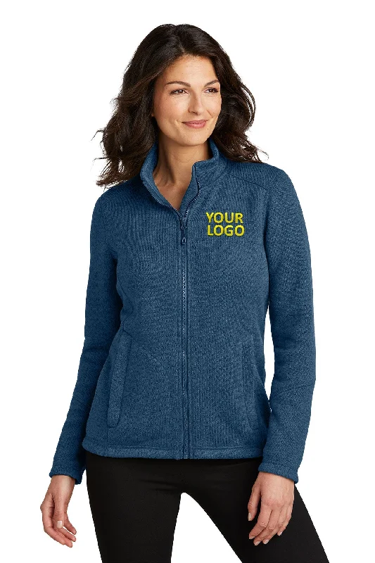 Port Authority Ladies Arc Sweater Fleece Customized Jackets, Insignia Blue Heather Cardigan Sweater Pullover