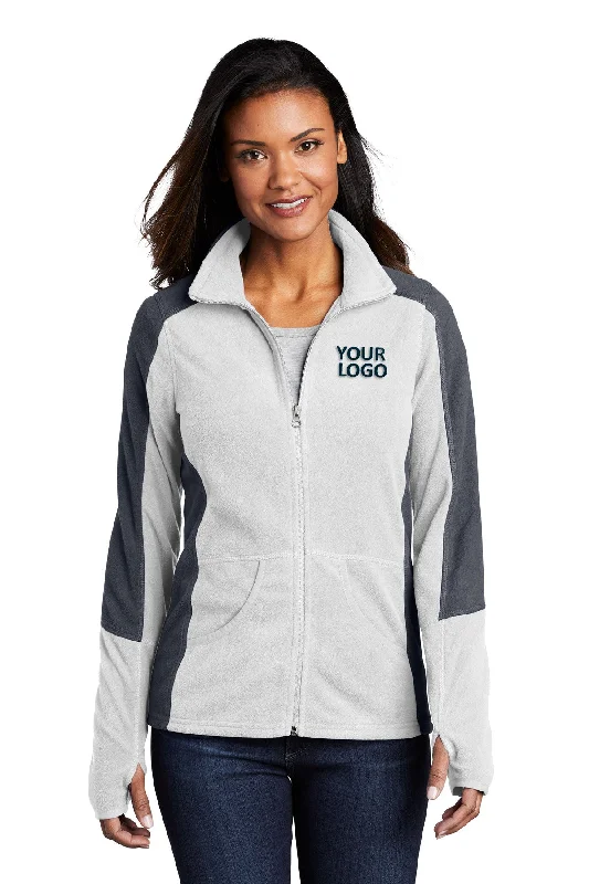 Port Authority Ladies Colorblock MicroFleece Customized Jackets, White/ Battleship Grey Snapped Jacket Toggled Jacket Drawstring Jacket