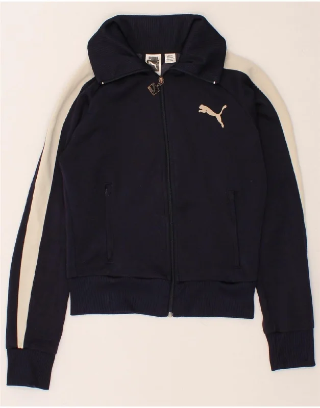 PUMA Womens Crop Tracksuit Top Jacket UK 10 Small Navy Blue Colourblock Embroidered Jacket Appliqued Jacket Beaded Jacket