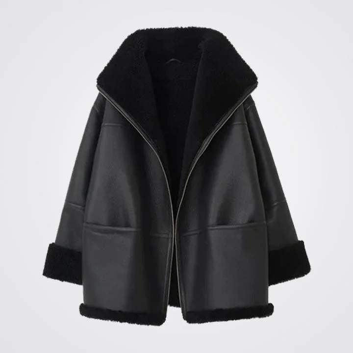 Women B3 RAF Aviator Black Sheepskin Shearling Leather Jacket Collared Jacket Crew Neck Jacket Turtle Neck Jacket