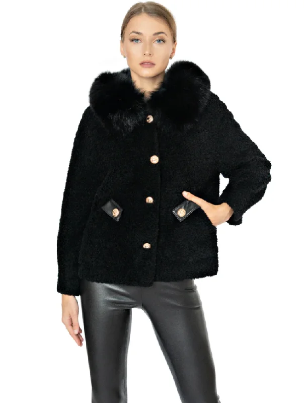 Women’s Shearling and Fox Fur Hooded Jacket with Gold Button Detail Welt Pockets Slit Pockets Flap Pockets