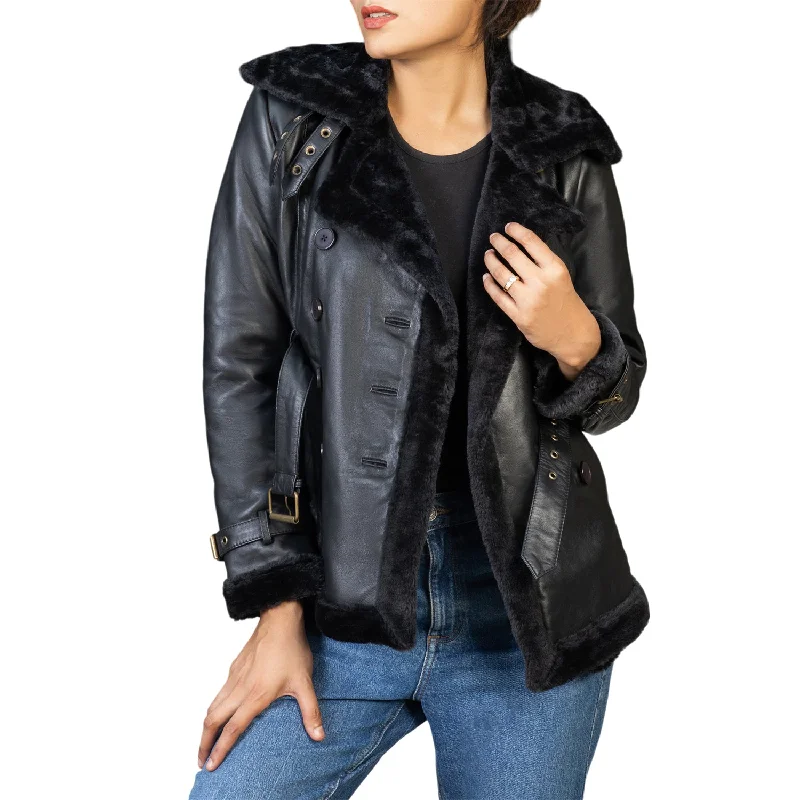 Women’s Black Double Breasted Real Shearling Leather Jacket Cotton Fabric Linen Fabric Terry Fabric