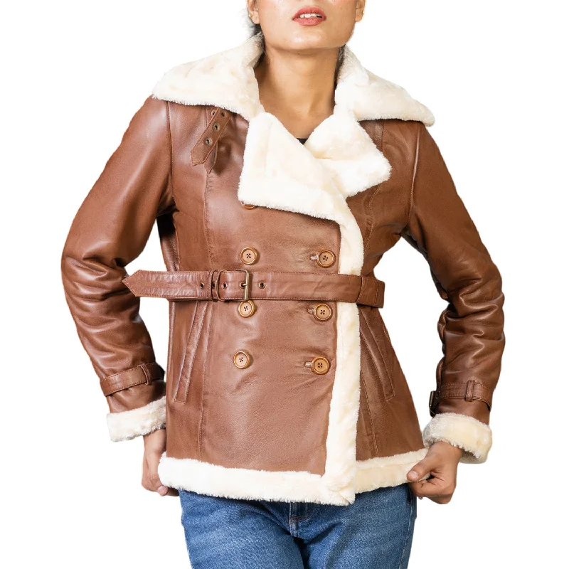 Women’s Tan Double Breasted Real Shearling Leather Jacket Herringbone Jacket Houndstooth Jacket Plaid Jacket