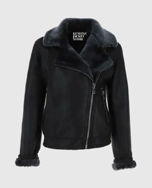 Women's Black Aviator Shearling Jacket One-Shoulder Jacket Off-the-Shoulder Jacket Asymmetrical Jacket