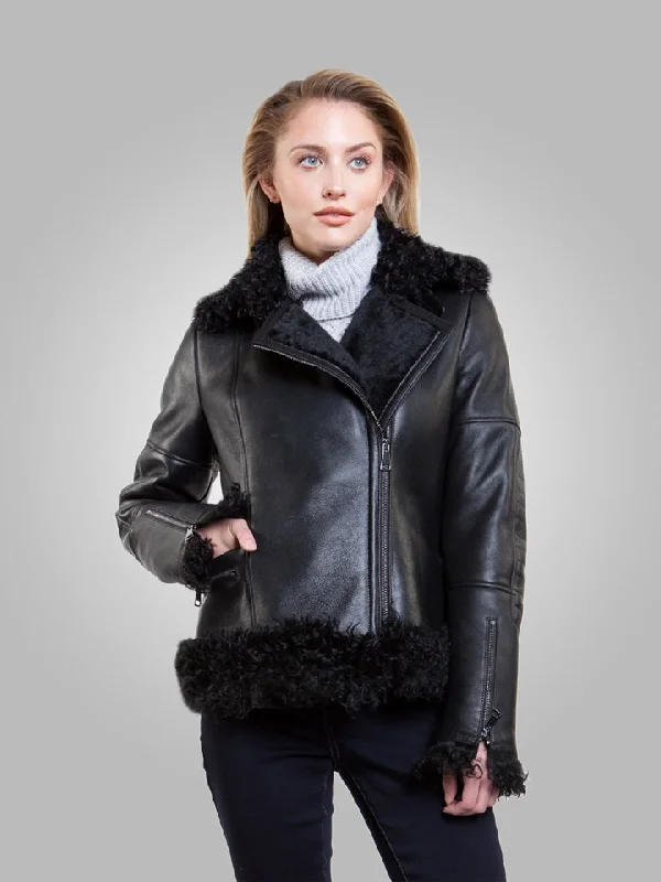 Women’s Black Leather Black Shearling Big Collared Jacket Satin Fabric Silk Fabric Chiffon Fabric