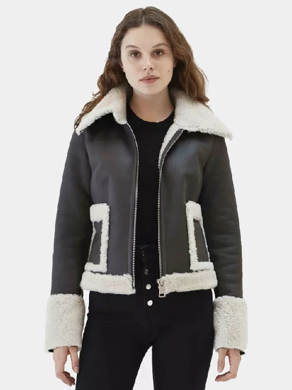 Women’s Black Leather White Shearling Fur Collar Jacket Belted Jacket Elasticated Jacket Padded Jacket