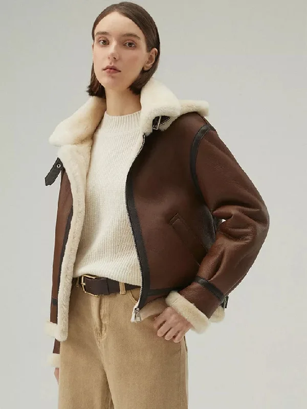 Women’s Chocolate Brown Leather Shearling Jacket With Removable Hood Denim Fabric Leather Fabric Suede Fabric