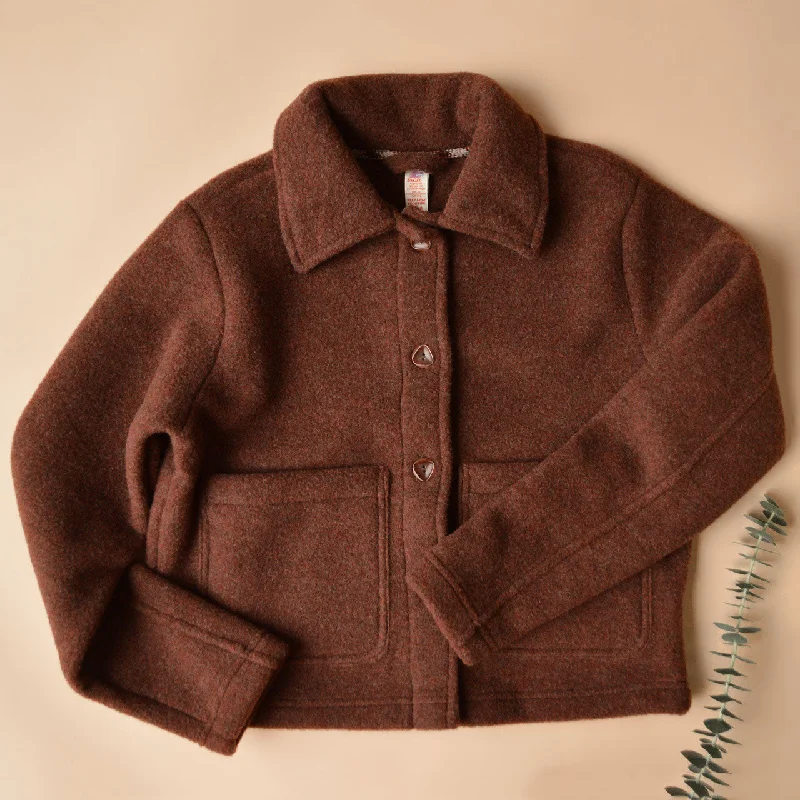 Women's Short Jacket - 100% Organic Wool Fleece - Cinnamon (XS-M) Welt Pockets Slit Pockets Flap Pockets