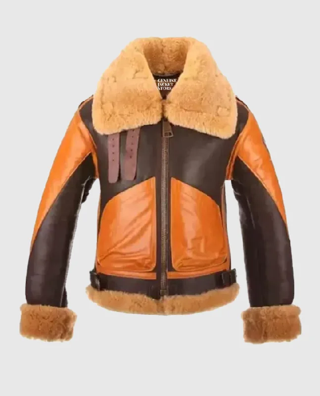 Women's Fur B3 Aviator Brown Shearling Jacket Bomber Jacket Anorak Windbreaker