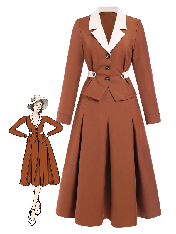 2PCS Brown 1940s Lapel Coat & Pleated Skirt silk skirt smooth