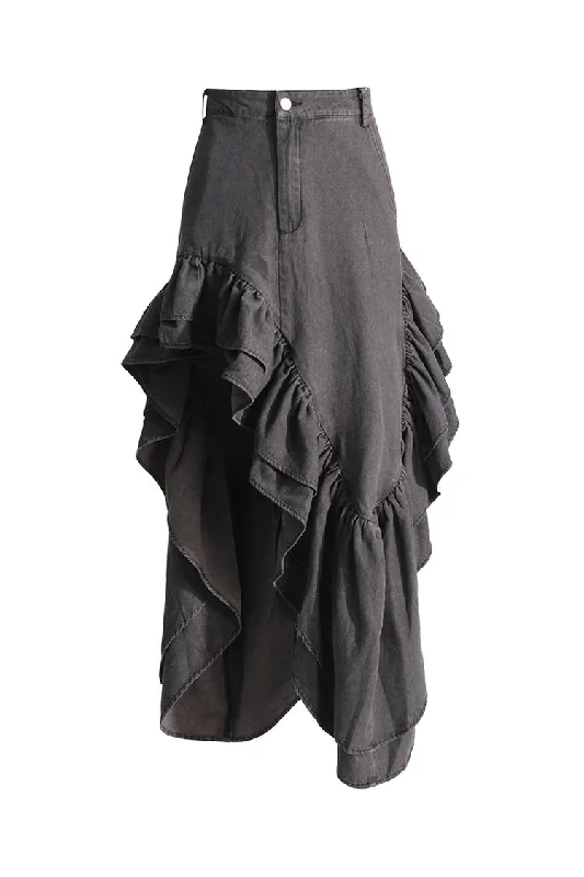 Asymmetrical Gathered Layered Ruffle High Waist High Split Denim Skirt velvet skirt glossy