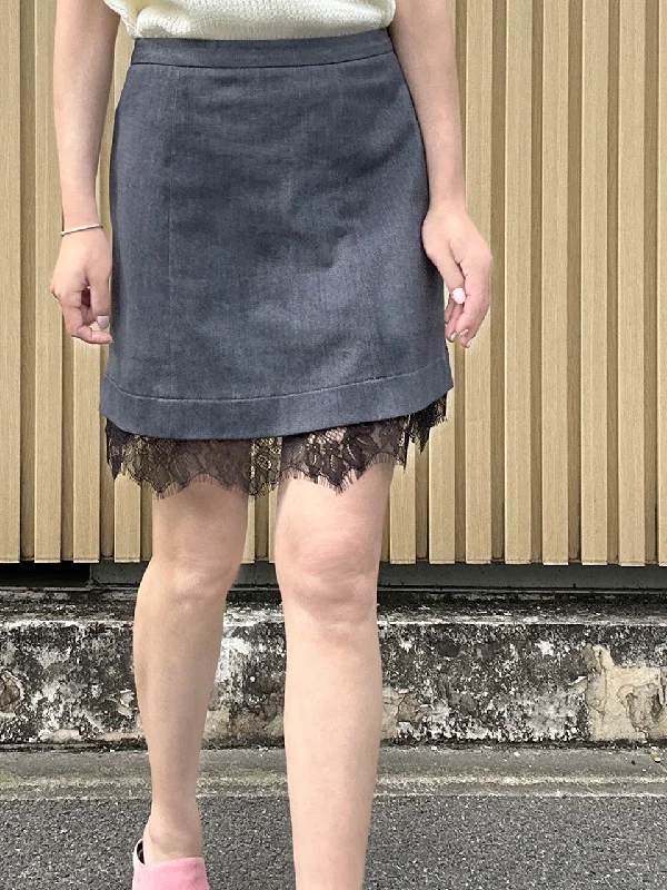 Black Denim A-line Side Pockets Lace Trim Short Skirt tulle skirt dreamy