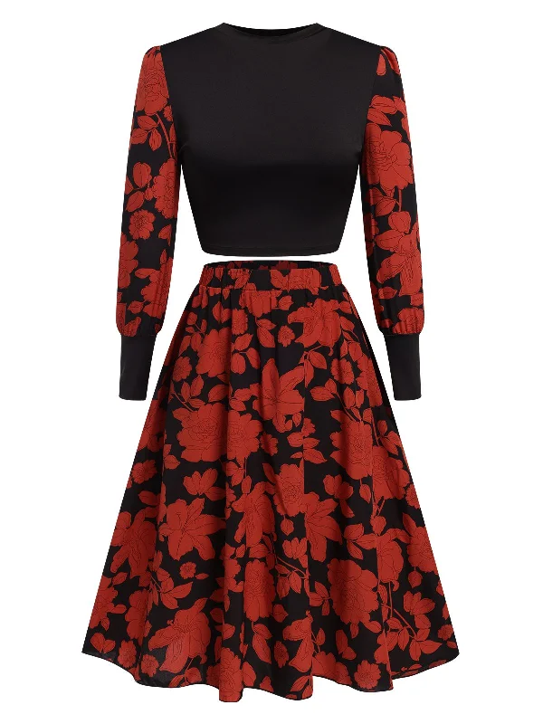 Black&Red 1950s Floral Long Sleeves Top&Skirt wool skirt sturdy