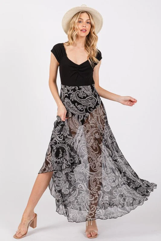 BLACK PAISLEY MESH SKIRT SEE-THROUGH BODYSUIT CFBY61112PA chiffon skirt airy