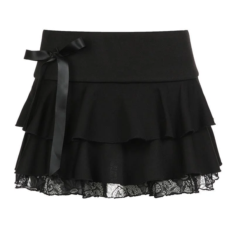 Bowknot solid ruffle lace hem low rise mini skirt elastic waist skirt