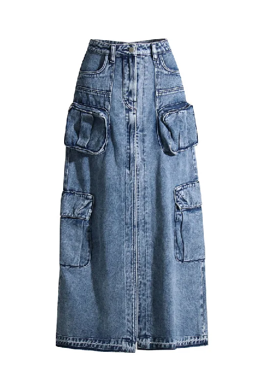 Casual High Waist Cargo Pocket Distressed Hem Front Split Denim Midi Skirt velvet skirt glossy